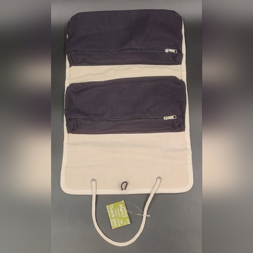 FREE w/ Purchase Beige Canvas Hanging Travel Cosmetic Bag w/ Wood Button Closure - Picture 6 of 9